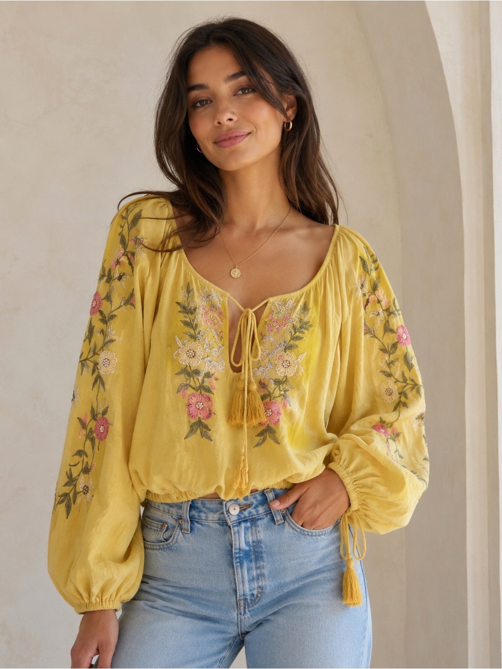 Free People Mustard Yellow Embroidered Peasant Blouse